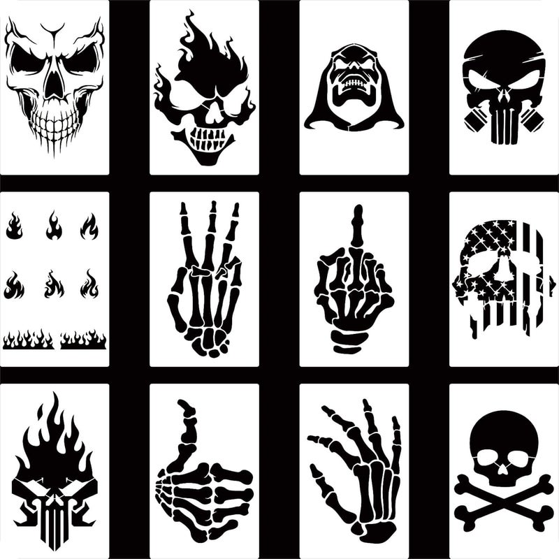 YKW Skull Stencils, 12Pcs Reusable Skeleton Hand Painting Templates, for Wood Walls Chalkboards Rocks DIY Art Projects,Ideal for Crafters, Artists, and Designers - Image 1